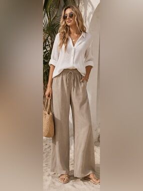 Max Studio London Linen Blend Wide Leg Drawstring Pants  Taupe Vacation Sz large